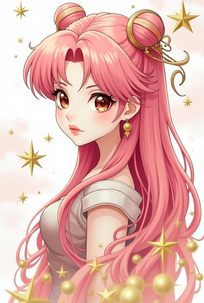 (White background:1.4),(Wicked Lady character from Sailor Moon), head silhouette, detailed gold eyes, Long pink hair, Oriental elements),(Chinese illustration:1.3,Paper Art:1.3, キルティングPaper Art:1.2),( Streamlined Design, Clear lines, High sharpness,Better Quality, Very detailed, Master Parts, Film Light Effect, 4K ) Illustration design, porcelain doll skin, beautiful detailed red eyes, beautiful detailed lips, extremely detailed gold eyes and face, long eyelashes, upper body, from side, looking at viewer, (fractal art:1.3), (pink hair:1.2), water, liquid, cloud, colorful, starry, stars, (best quality, 4k, 8k, highres, masterpiece:1.2), ultra-detailed, (realistic, photorealistic, photo-realistic:1.37), vibrant colors, studio lighting, extremely detailed description, professional, concept art, surreal, monochromatic gold and pink palette, in the style of retro sailor moon, gold elements, ornate gold border,
