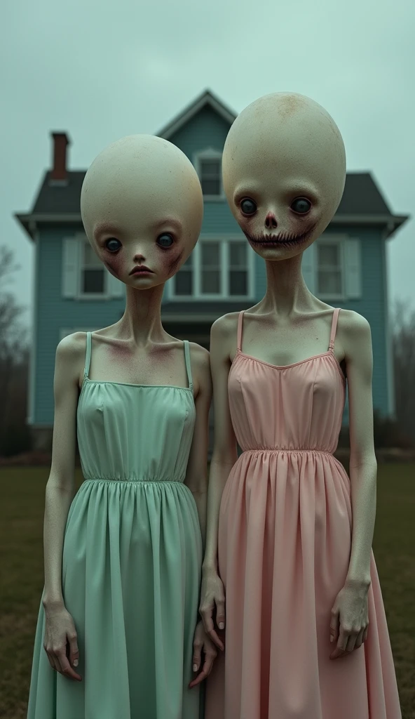 Best quality, masterpiece, two figures with balloon heads, wearing pastel-colored one-piece dresses, house front background, detailed skin expression, detailed image texture, grotesque, horror, creepy atmosphere (not AI image), cloudy weather, foggy
