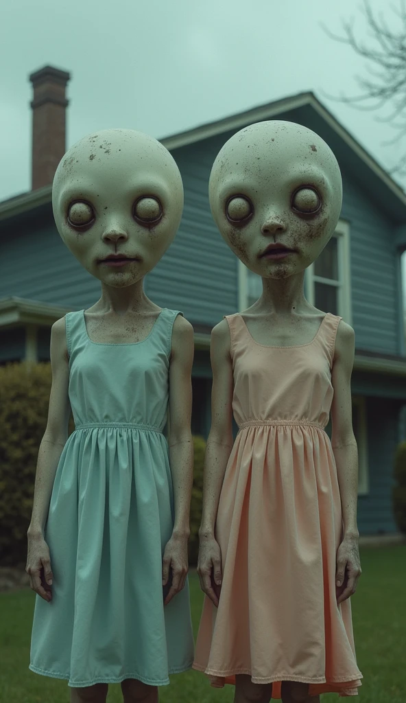 Best quality, masterpiece, two figures with balloon heads, wearing pastel-colored one-piece dresses, house front background, detailed skin expression, detailed image texture, grotesque, horror, creepy atmosphere (not AI image), cloudy weather, foggy