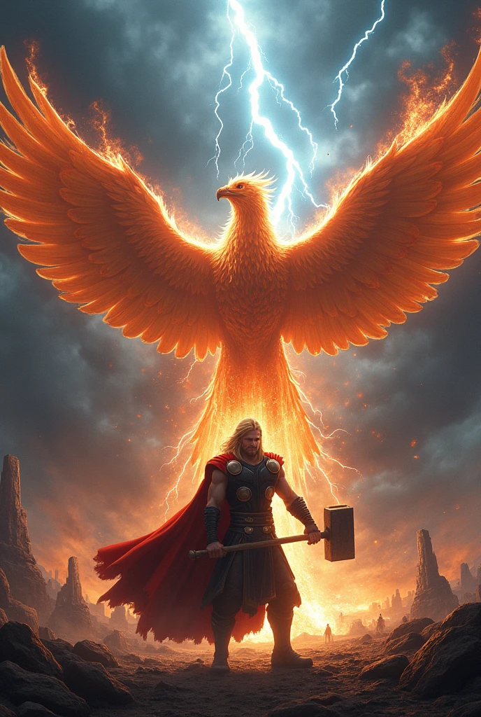 



"Thor's lightning hammer illuminates the dark realm as he faces off against a colossal, three-headed phoenix, its wings ablaze with fiery magic, amidst a stormy, apocalyptic landscape."

