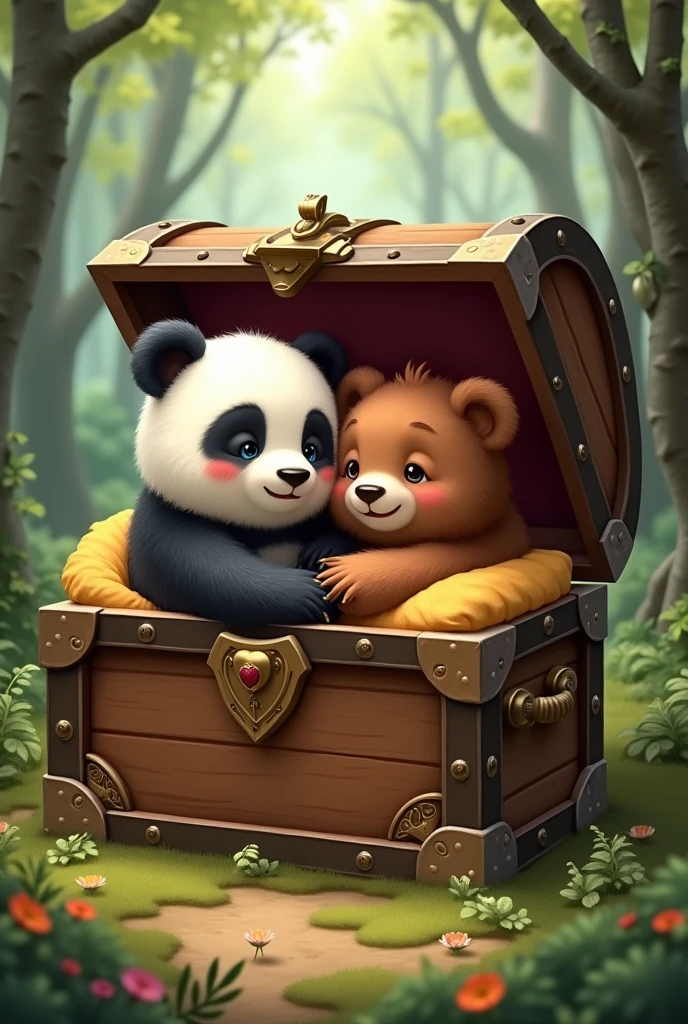 Make a picture where a panda bear and a brown bear find a chest More cuddly