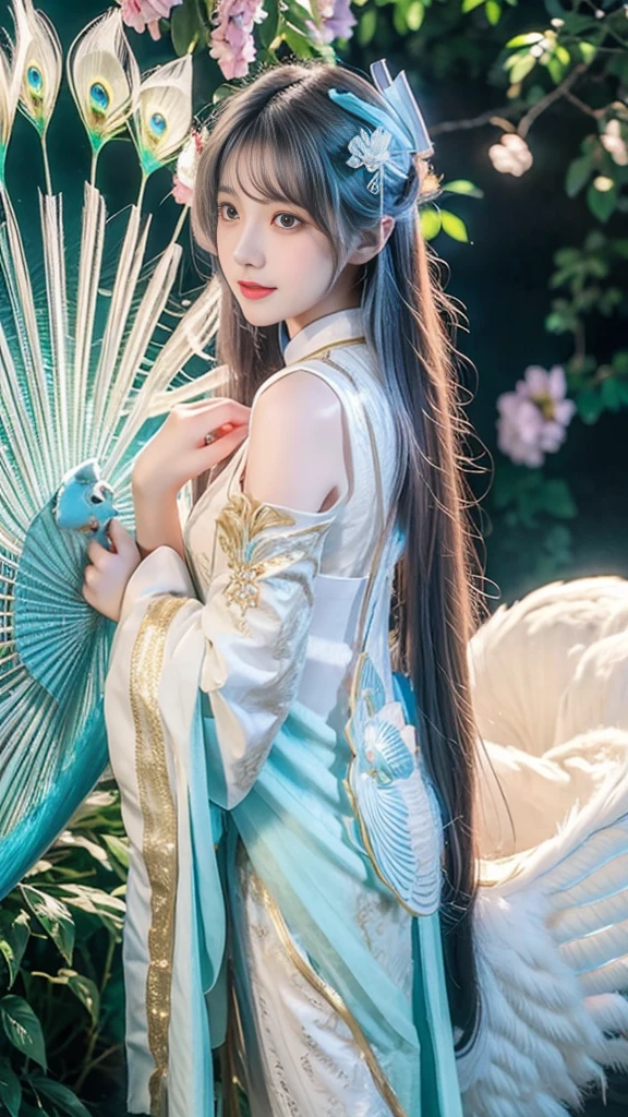 A beautiful Asian girl with smooth, rosy white skin, long colored hair, beautiful feminine outfit, behind her is a white peacock with light blue stripes and a blue and beige pattern on its