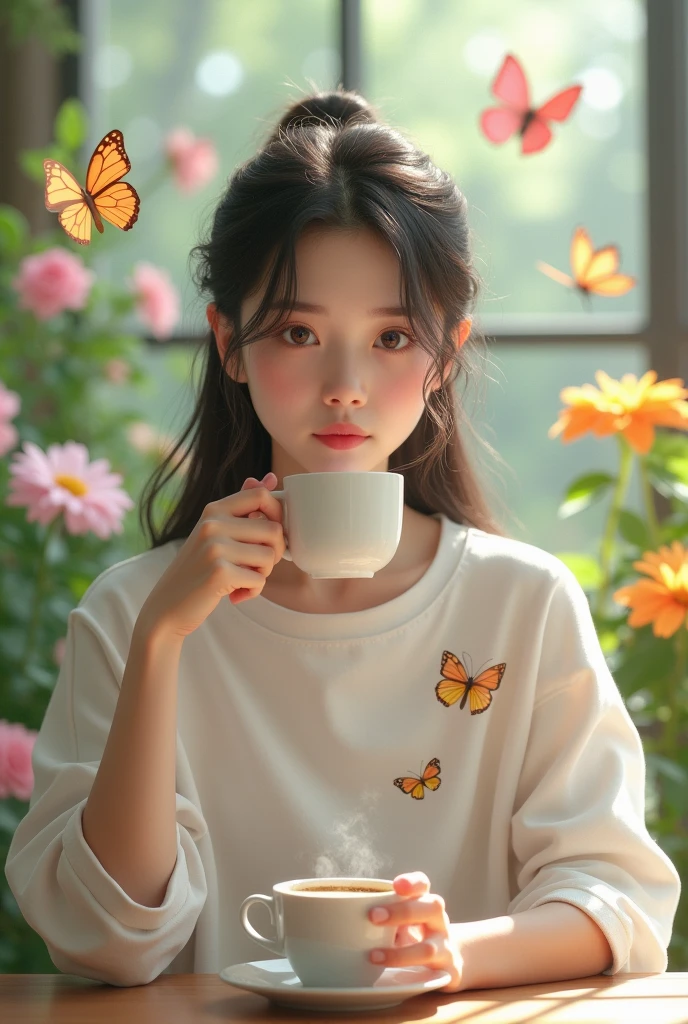 Korean woman with long black hair tied back is sitting at a table in an open room with a cup of hot coffee, the texture of the coffee looks authentic, the background is a flower garden, several butterflies fluttering above the flowers, wearing a long white t-shirt with a butterfly motif -beautiful butterflies, original photos, studio