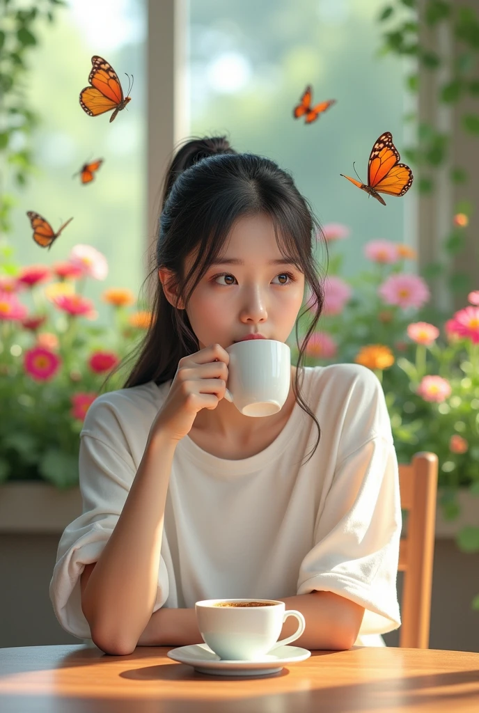 17 year old Korean woman with long black hair tied back is sitting at a table in an open room with a cup of hot coffee, the texture of the coffee looks authentic, the background is a flower garden, several butterflies fluttering above the flowers, wearing a long white t-shirt with a butterfly motif -beautiful butterflies, original photos, studio