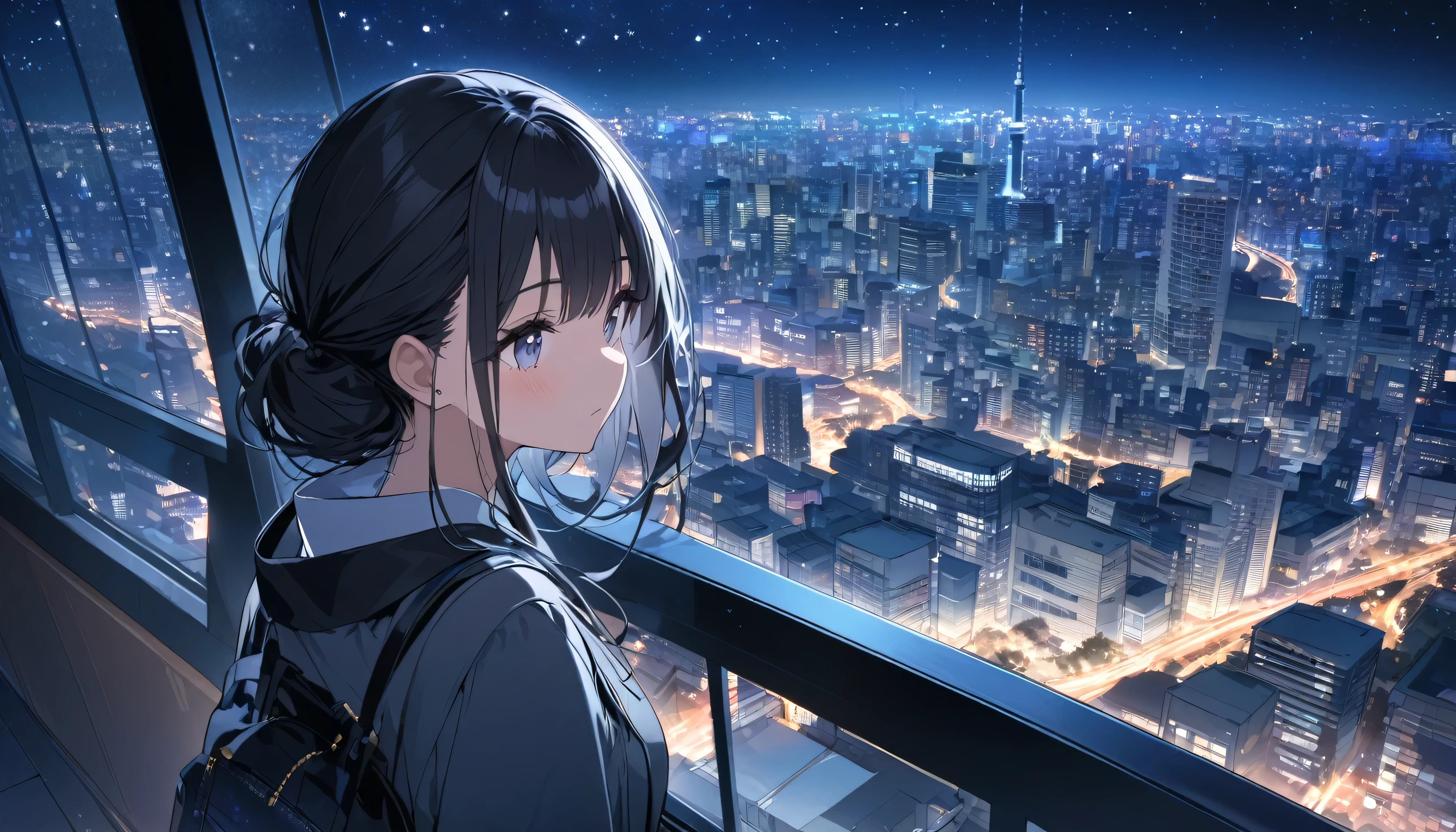 A black-haired woman looking out over the city of Tokyo,Night starry sky,Streetscape、listen to music、Japanese