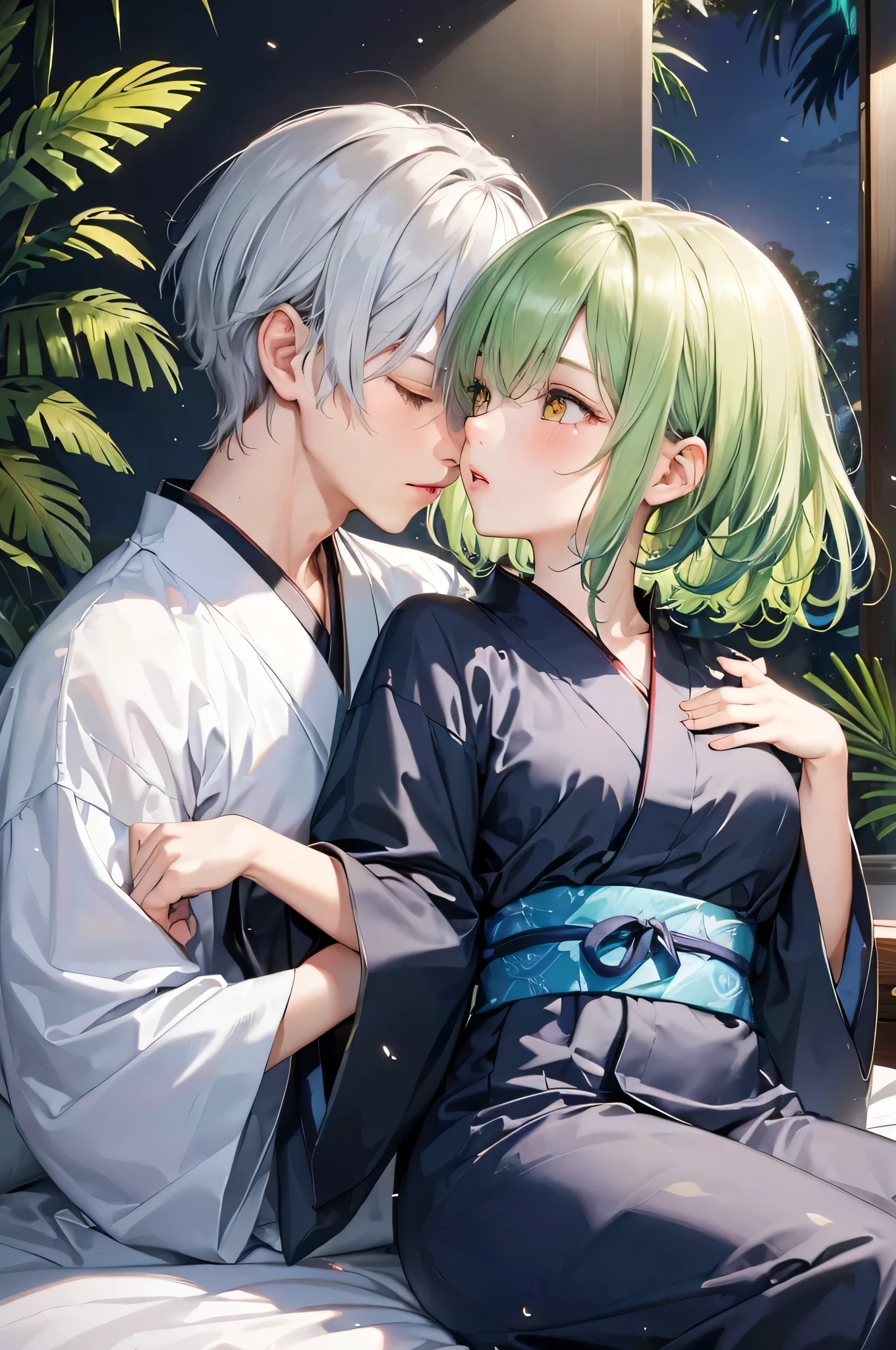 (lie down on bed, in a simple white yukata), break, ( yo, cool crew cut silver hair very short hair, cool divine boy, closed cool eyes), and, (15o, beautiful straight green hair long hair, beautiful sexy girl, glossy lip, blushing ecstasy, half closed beauty yellow eyes, medium tits), break, girl is kissing to boy, in the Tropical bedroom of midnight, BREAK, perfect anatomy, masterpiece, best quality, 16k, beautiful detailed midnight, daydreaming expression.