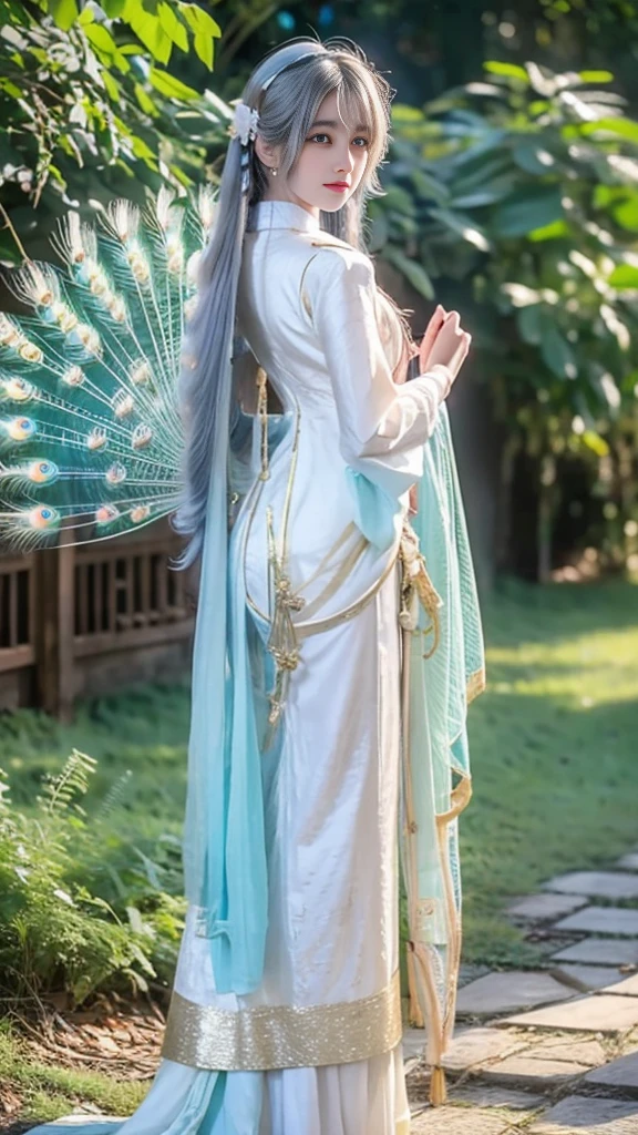 A beautiful Asian girl with smooth, rosy white skin, long colored hair, beautiful feminine outfit, behind her is a white peacock with light blue stripes and a blue and beige pattern on its