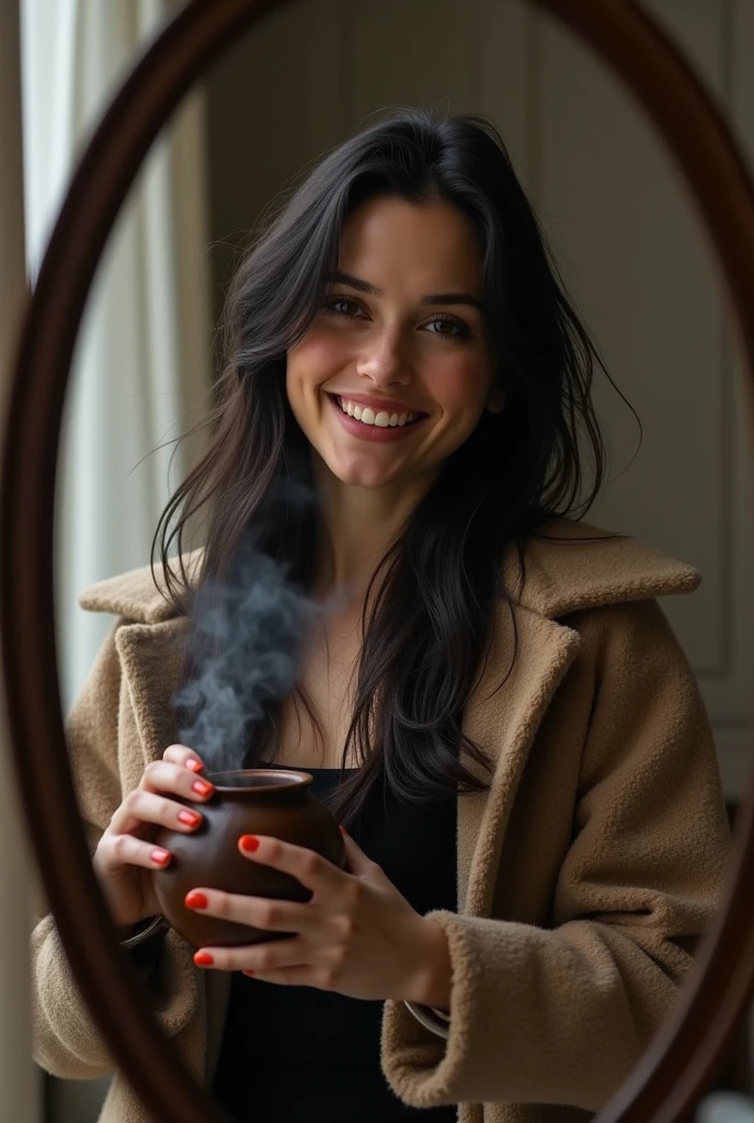 A woman resembling Scarlett Johansson, smiling, wearing a black dress and long dark hair, looks directly into the camera. Drinking mate, She just woke up disheveled, taking a selfie in the mirror, wearing winter clothes.