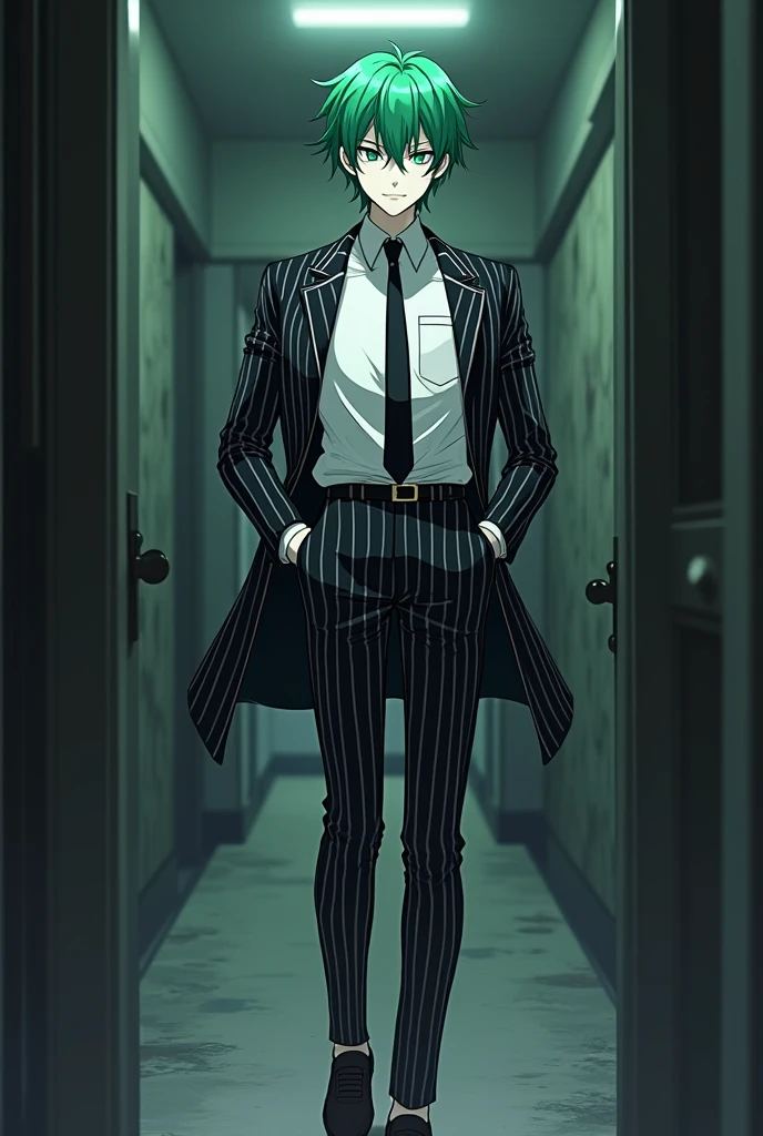A very handsome man is wearing a white shirt with an open suit with black and white stripes. He is also wearing a black tie. Pants with black and white stripes. Black and white shoes. He has green hair, white skin. He has dark circles under his eyes. Blue eyes. He is in a haunted place. The image has to be in anime.