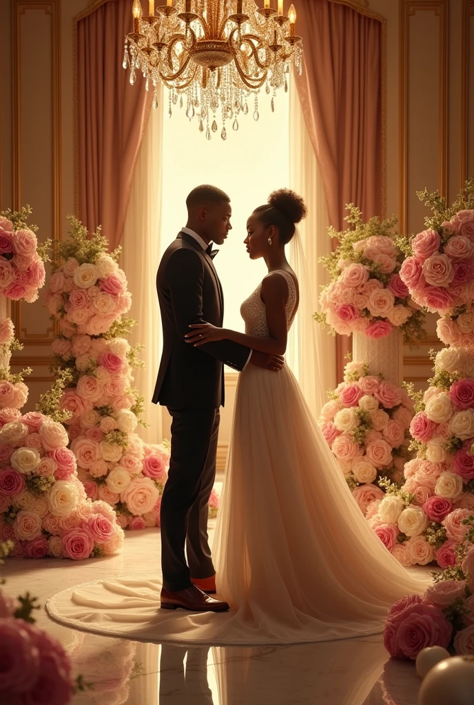 Generate an image of a beautiful black woman and handsome black man in a place full of luxurious weddjng decorations setting making preparations for the wedding without them in wedding dresses. They should be wearing casual clothes
