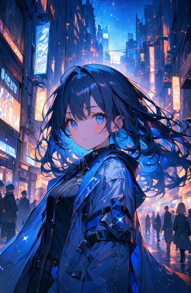 ((Amazingly absurd)),超High resolution, Attention to detail, high quality, High resolution, 最high quality, 4K, 8k、City、In town、night、sparkling、whole, Artwork in Deep Blue Tones