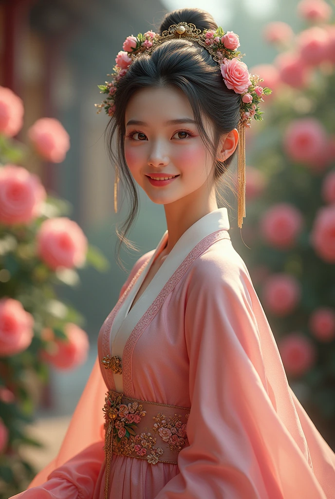 Girl, female full body, hair collected and decorated, beautiful, friendly, Korean in traditional Joseon Dynasty clothing, in a palace full of roses