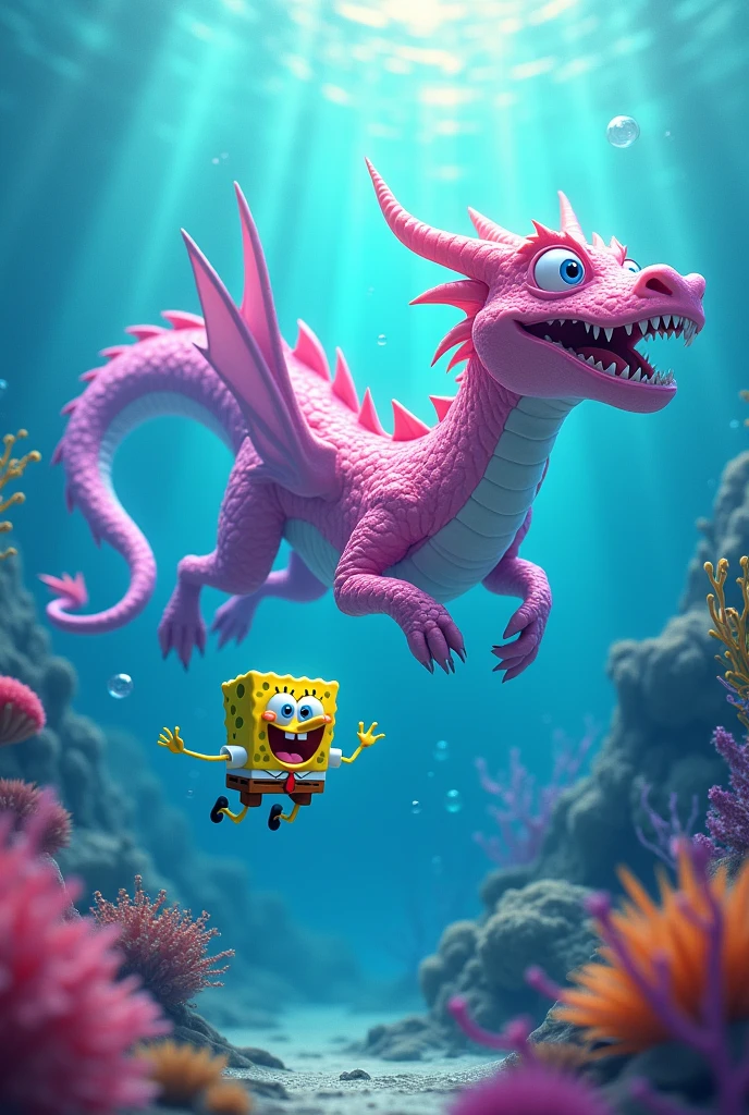 Dragon swimming with pink spongebob