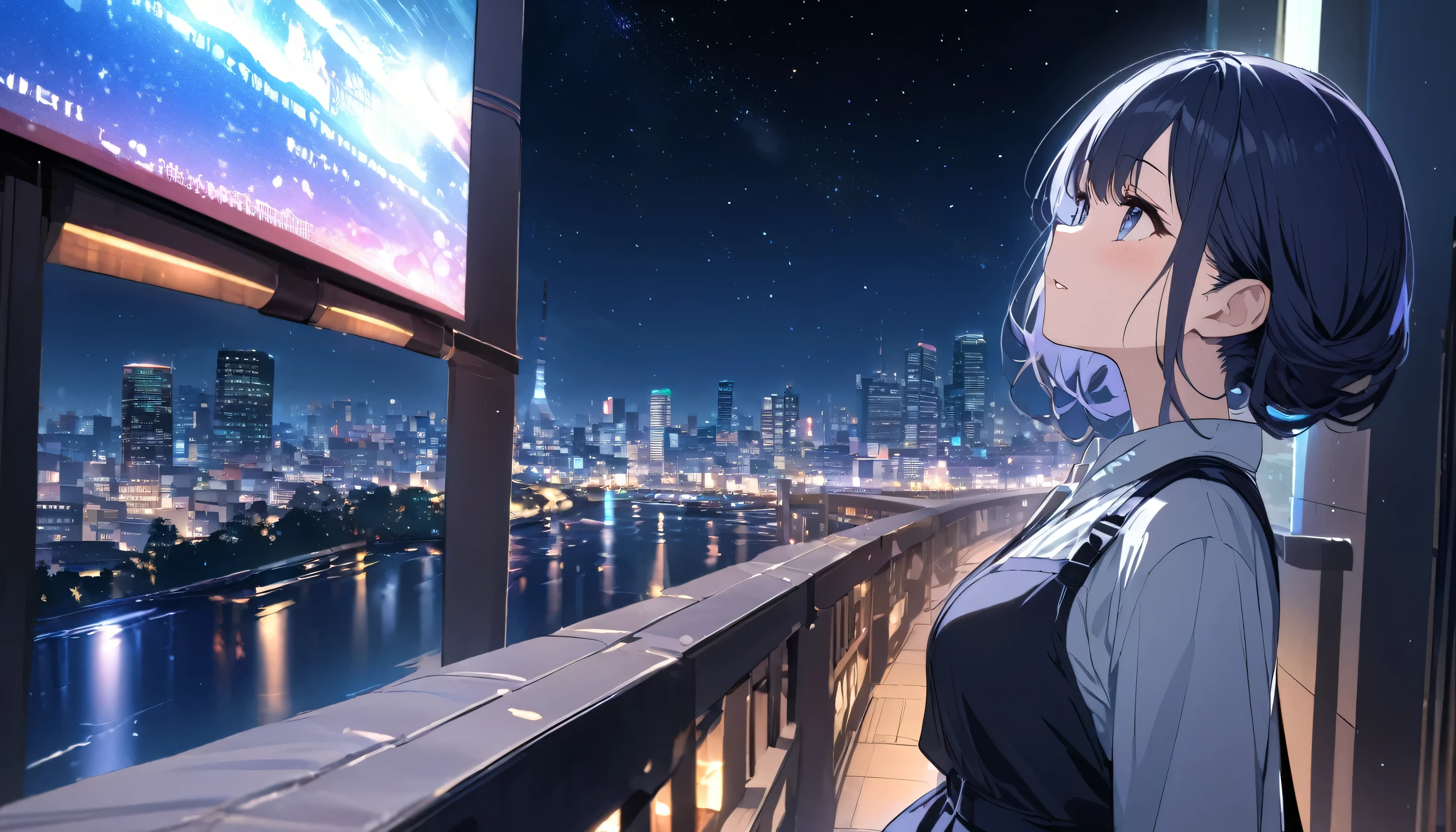 A woman looking at the city of Tokyo,Night starry sky,Streetscape、listen to music、Japanese