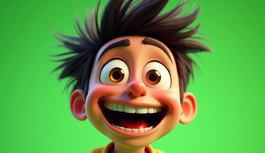 Im Stil von Pixar 3D- The animated film. Solid green background for greenscreen editing. A crazy young man looks into the picture. His look is joyfully manic.