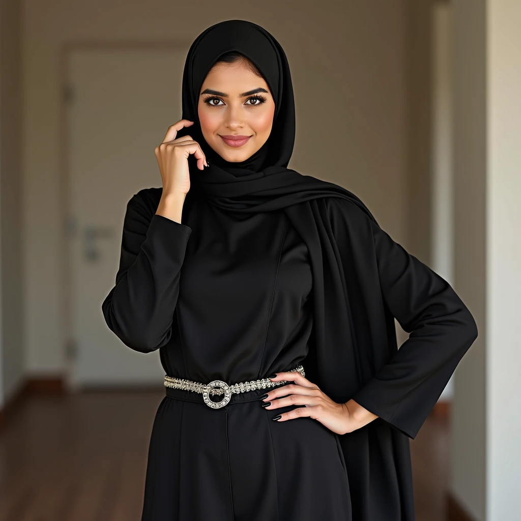 Hot sexy beautiful Busty Big Boobies Traditional Pakistani Hijabi Muslim girl in Office formal dress, wearing a waist chain around her Navel, Navel visible revealing