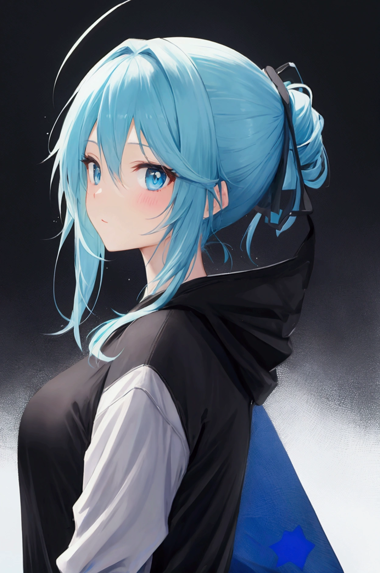 seed:1721785486361,
An anime character.
A cute, young-looking 25-year-old girl.
Her hair is tied in a chignon.
face seen from the left side.
Her hair color is a mix of blue and green.
Her eye color is a mix of blue and green.
No background.
Her face seen from the front.
Her clothing is a plain black hoodie.