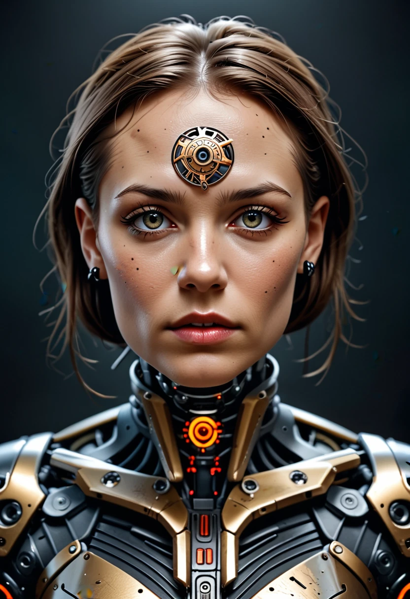 A futuristic cyborg's face fills the frame, split by a metallic-organic dichotomy. Metallic half: gears whirring, wires snaking, mechanical parts clicking. Organic half: black ink tattoos swirl, symbols blend seamlessly into metal. Eyes: cybernetic gold glow on one side, piercing natural intensity on the other. Red-black abstract background complements the face. High contrast emphasizes intricate details: circuitry patterns, shapes, and gears merge in a technological-human fusion.