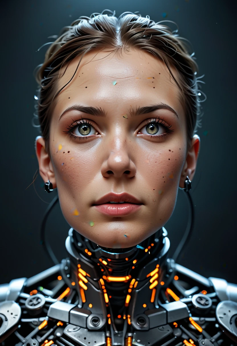 A futuristic cyborg's face fills the frame, split by a metallic-organic dichotomy. Metallic half: gears whirring, wires snaking, mechanical parts clicking. Organic half: black ink tattoos swirl, symbols blend seamlessly into metal. Eyes: cybernetic gold glow on one side, piercing natural intensity on the other. Red-black abstract background complements the face. High contrast emphasizes intricate details: circuitry patterns, shapes, and gears merge in a technological-human fusion.