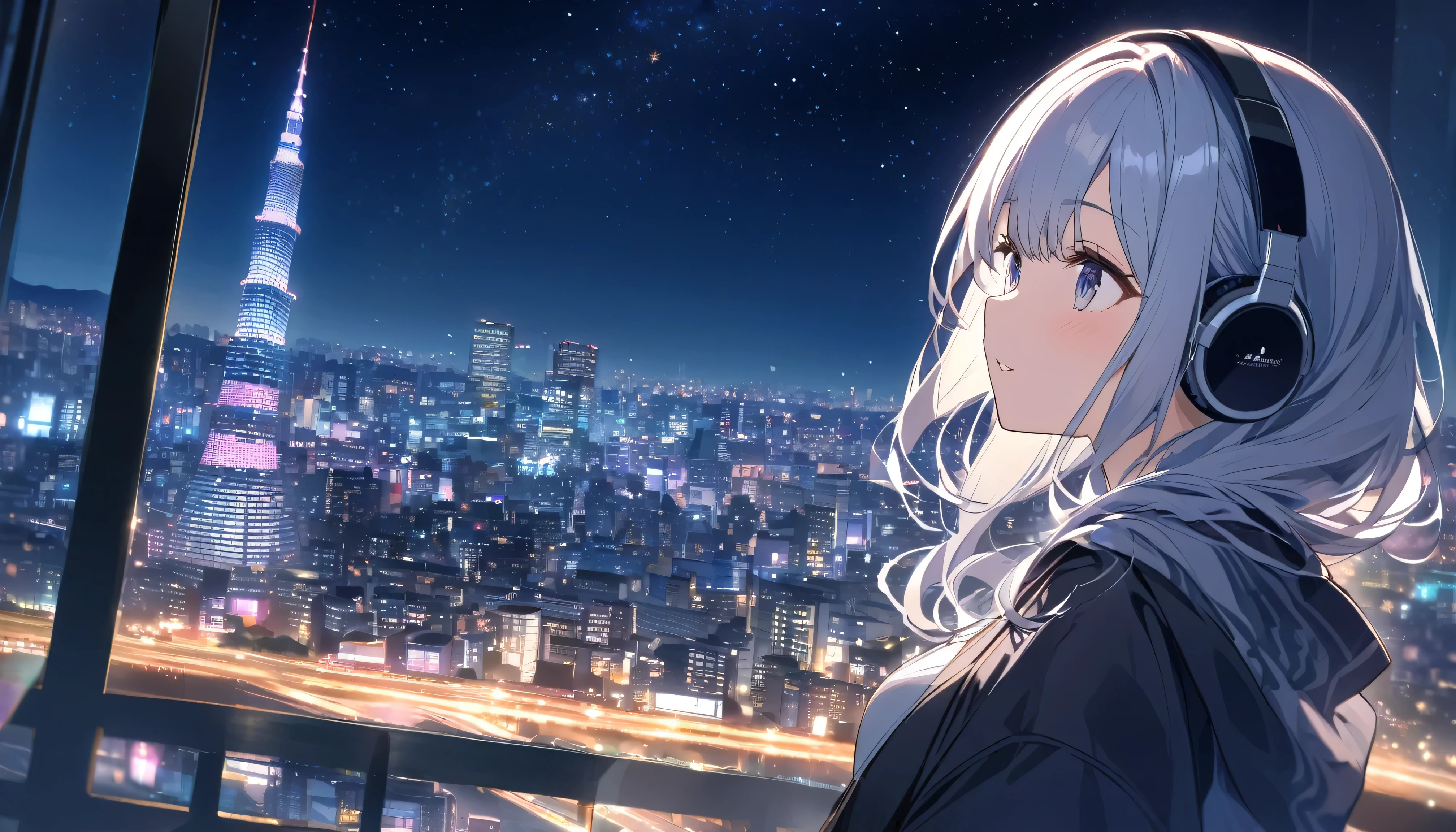 A woman looking at the city of Tokyo,Night starry sky,Streetscape、listen to music、Japanese
