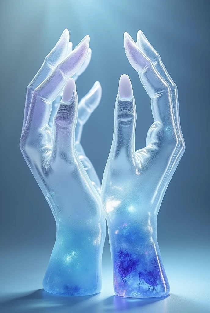 Two crystal hands holding up in the air, made of glass, sapphire, transparent background