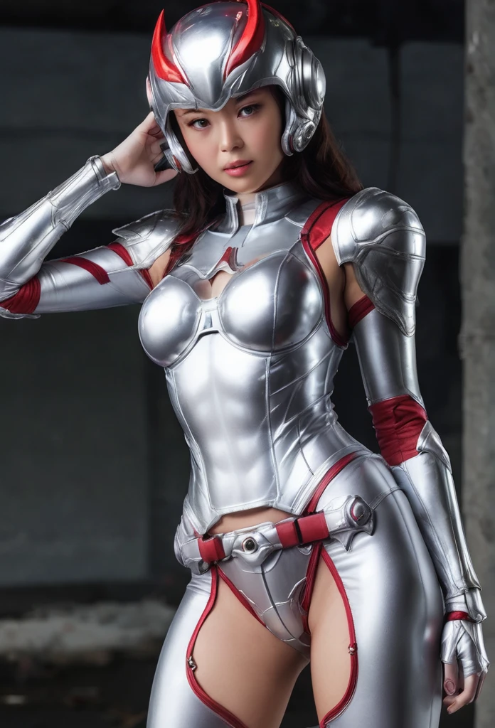 Fighting monsters、Super Heroine(Silver combat suit with red lines、Silver helmet with milky white eyes)