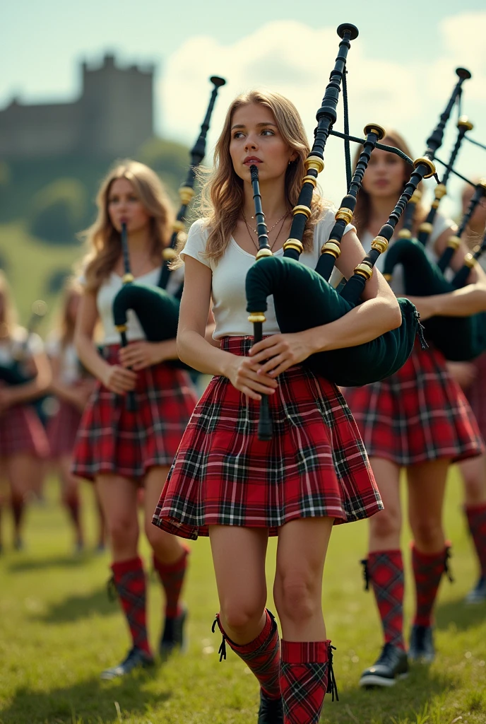 young women in minikilts playing bagpipes