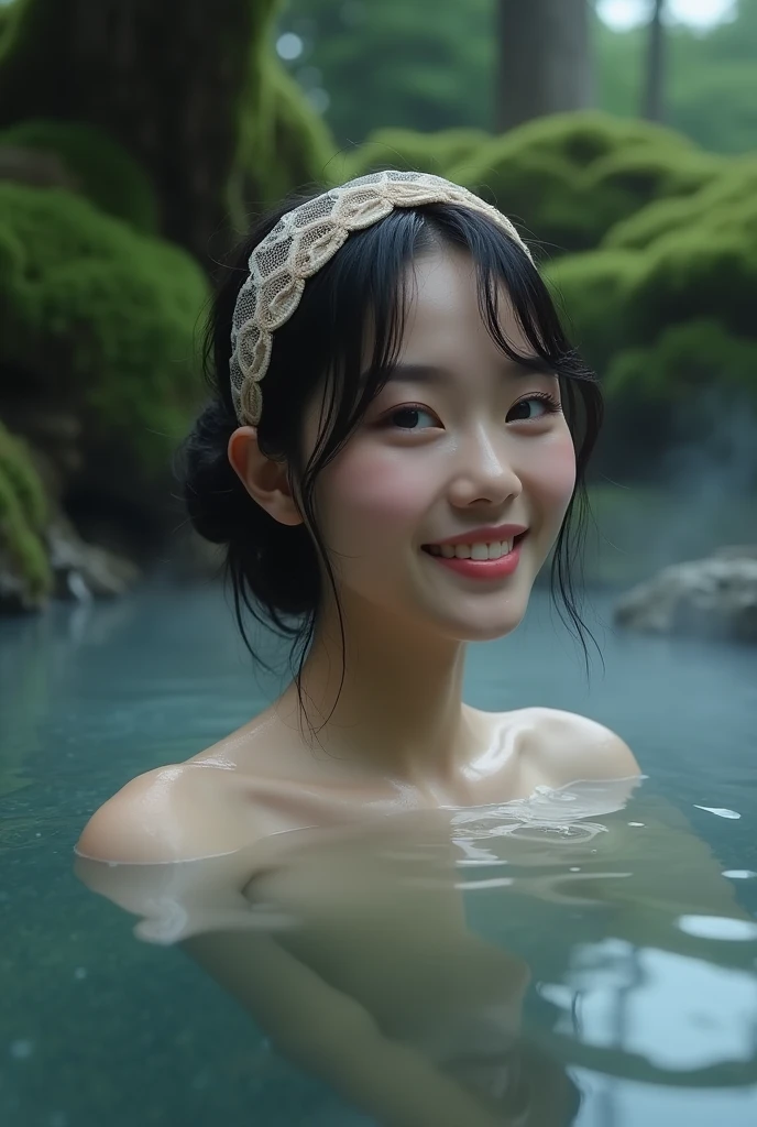 best quality, Masterpiece, Ultra high resolution, Supermodel soaks in hot springs in Japan, Outdoor hot spring, stone hot spring, ล้อมรอbest quality, Masterpiece, Ultra high resolution, Supermodel soaks in hot springs in Japan, Outdoor hot spring, stone hot spring, Surrounded by moss and trees, Very beautiful face, pure body, The pores are clearly visible., (smile:0.8), Wear separately (Lace headband:1.2), (realism:1.5), original photo, body drenched, covered with sweat, bare shoulders, in the dark, deep shadow, low voice, cool light
