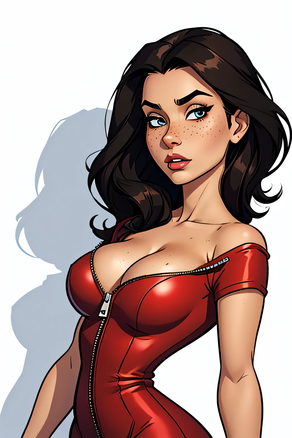 Thin woman, age 25, 4K (High definition), thoughtful, seducing gaze, eyes browns, wearing red dress (with zipper) with princess neckline and short sleeves, arms positioned at the side of the body, Caucasian skin, straight black hair down to shoulder length, standing (upper body), full of curves with freckles across her chest and neck, round breasts. Marvel style high quality, white background.