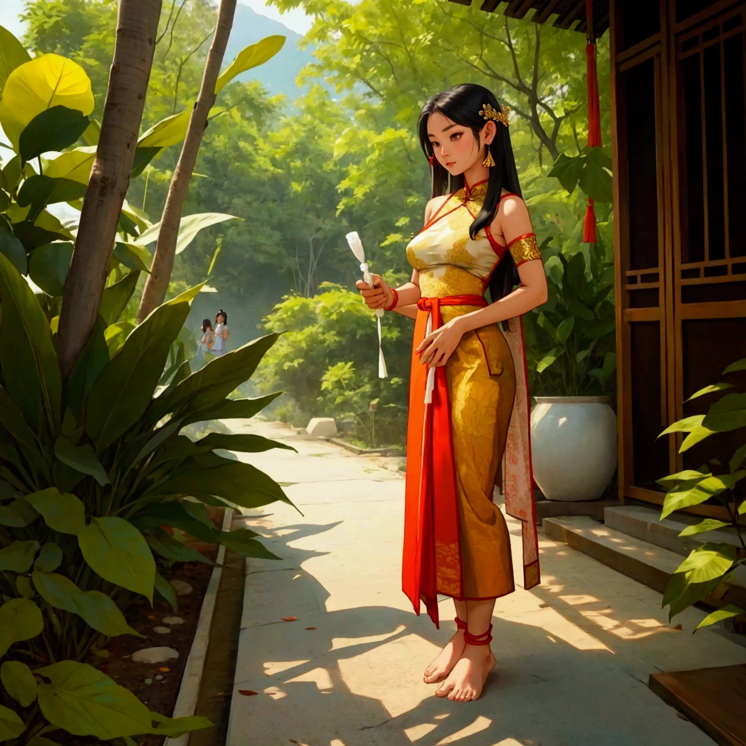 Thai female characters,long hair,Wear Thai clothes,Wear a Thai tube top,Thai person,Barefoot standing neatly,Put on the leaves,Wear a Thai pattern skirt,Dress politely,Not