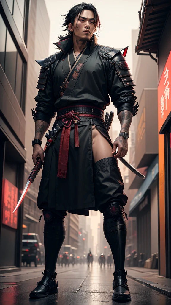 a close up of a man holding a katana in a city, very beautiful cyberpunk samurai, cyberpunk samurai, neon samurai, samurai jedi, full body of a cyberpunk samurai, samurai posed, Samurai warrior style, [ trending on cgsociety ]!!, sith lord. dramatic lighting, trending on artstation.', andreas rocha style, urban samurai, cyborg samurai, inspired by Kanō Hōgai,