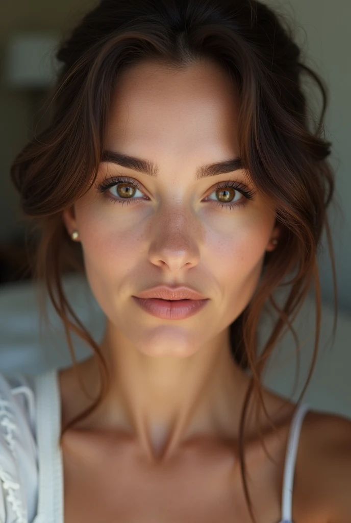 Femme arafed avec débardeur et culotte assortis, fille sexy aux yeux bruns, Portrait Sophie Mudd, cheveux bruns et grands yeux, selfie d'une jeune femme, Yeux de chambre, Violette Myers, sans maquillage, maquillage naturel, regarder directement la caméra, Visage avec Artgram, Maquillage subtil, Superbe photo du corps entier, clivage, assis à table