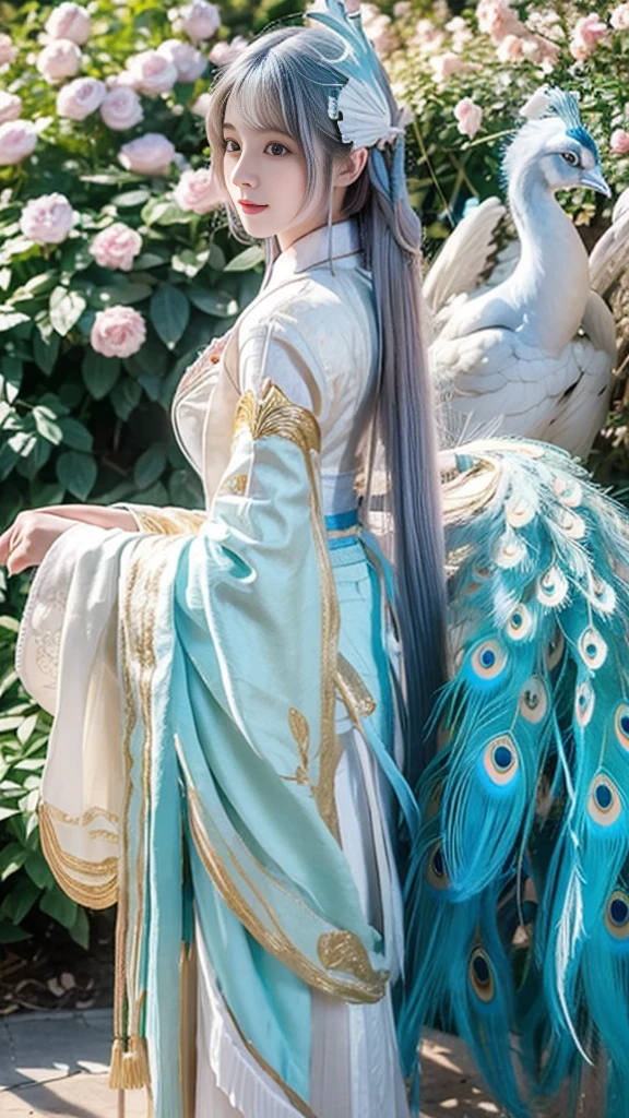 A beautiful Asian girl with smooth, rosy white skin, long colored hair, beautiful feminine outfit, behind her is a white peacock with light blue stripes and a blue and beige pattern on its