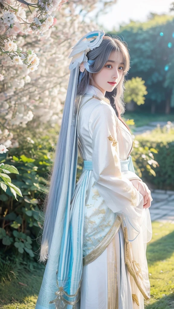 A beautiful Asian girl with smooth, rosy white skin, long colored hair, beautiful feminine outfit, behind her is a white peacock with light blue stripes and a blue and beige pattern on its
