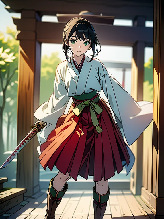 ((((masterpiece, Best Quality, Ultra-high resolution, Best illustrations)))), ((Portrait of a person standing against a white background)), (Very delicate and cute face, Sparkling Eyes), A beautiful 18-year-old shrine maiden girl named "Midori" is standing diagonally to the left alone., (((She is wearing a wooden sword at her waist.))), smile, Medium length black hair, Clean green eyes, Long red Hakama, long boots, 