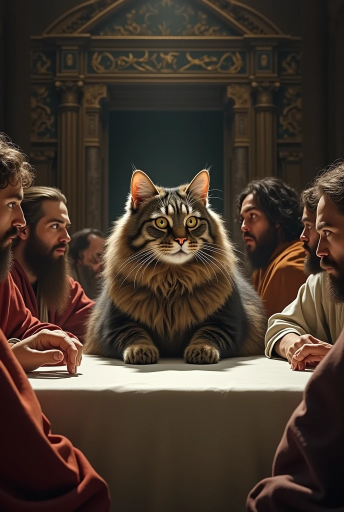 Long haired gray brown and black tabby cat in artwork the last supper