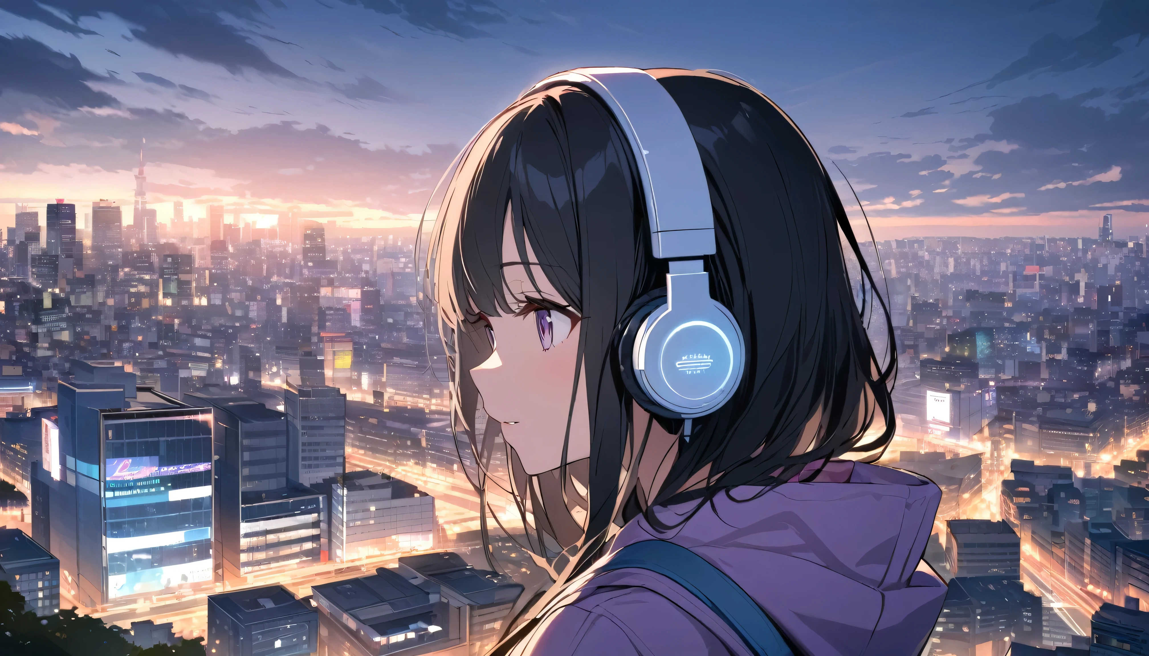 Black haired woman with headphones looking at the city of Tokyo,Streetscape、listen to music、Japanese