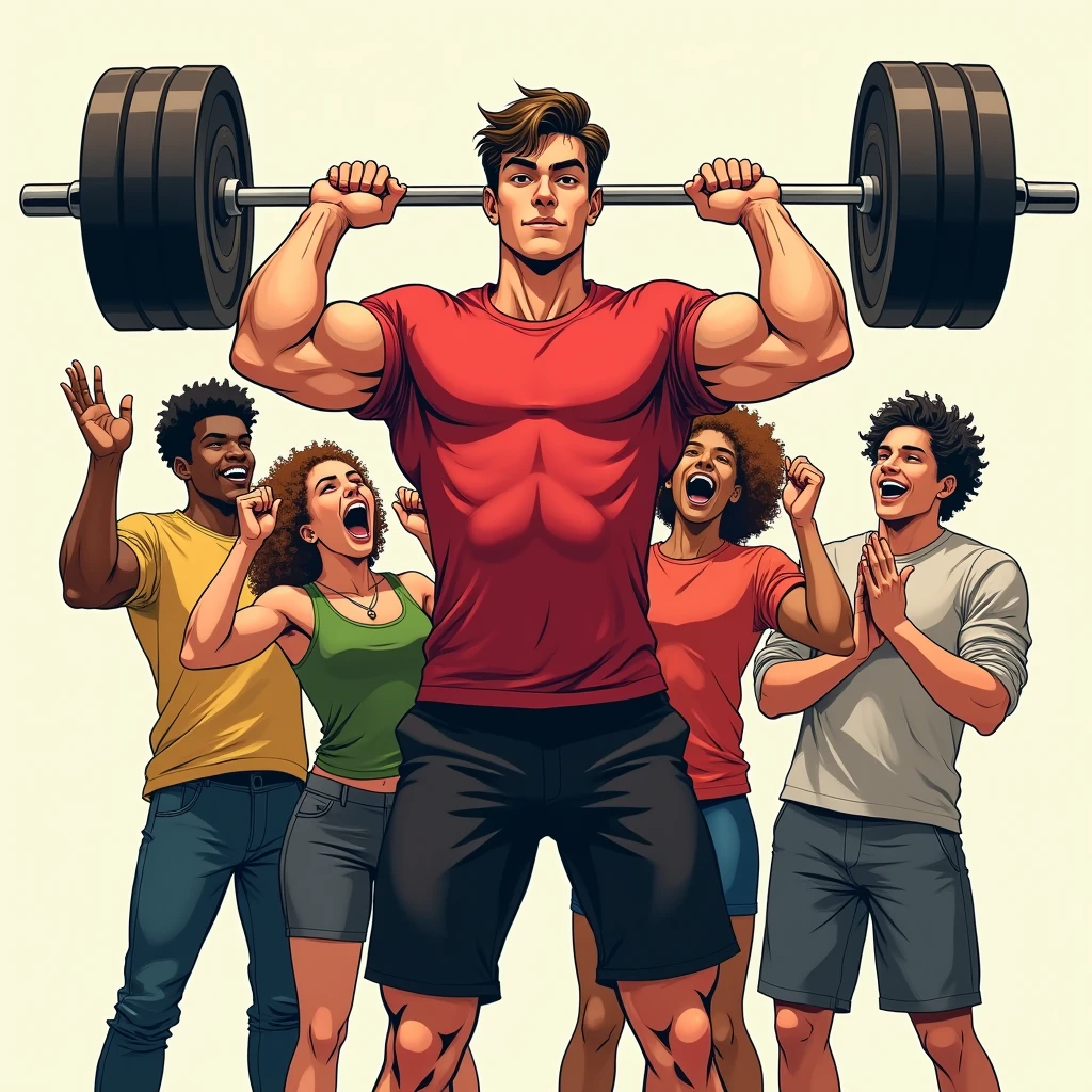 manga art style, best quality, masterpiece, handsome young man wearing red tshirt and black shorts, lifting a barbell, five friends of different races enthusiastically cheering him on from behind, perfect fingers, perfect hands, perfect face, perfection, no background