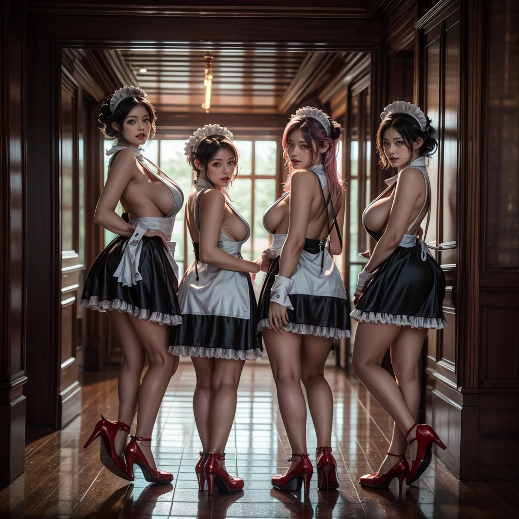 (Full Body of Extremely Detailed((Sexy Maid Group in a row:1.37))), KAWAII perfect face with Reflective Eyes, Detailed(Delicate Clothing textures), Correct Graceful Legs, Dynamic Joyful Expressions LifeLike Rendering, Specular Reflection, TopQuality 8K Ultra-detailed masterpiece (ProfessionalPhoto:1.37), (Acutance:0.8), (Luminism:1.28), Renaissance art style, Colorful Light particles, (Full body from side) {MicroMini Skirt|Kissing Face to Face|Thigh Gap|Cute Peach AssFocus|(NakedApron with (Overflowing Sideboob))}, Radiant Fine Skin with Transparency, (Exposed:0.4) {Pink Hair|LightBlue Hair|Blonde|Pure White Hair|Liquid Hair|Red Shoes}, Perfect Lighting