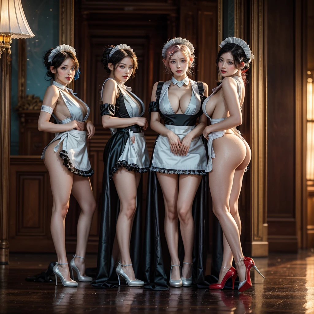 (Full Body of Extremely Detailed((Sexy Maid Group in a row:1.37))), KAWAII perfect face with Reflective Eyes, Detailed(Delicate Clothing textures), Correct Graceful Legs, Dynamic Joyful Expressions LifeLike Rendering, Specular Reflection, TopQuality 8K Ultra-detailed masterpiece (ProfessionalPhoto:1.37), (Acutance:0.8), (Luminism:1.28), Renaissance art style, Colorful Light particles, (Full body from side) {MicroMini Skirt|Kissing Face to Face|Thigh Gap|Cute Peach AssFocus|(NakedApron with (Overflowing Sideboob))}, Radiant Fine Skin with Transparency, (Exposed:0.4) {Pink Hair|LightBlue Hair|Blonde|Pure White Hair|Liquid Hair|Red Shoes}, Perfect Lighting