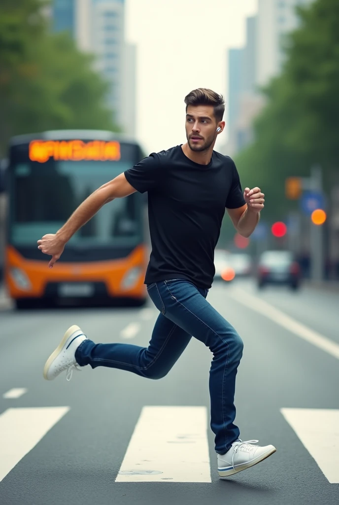 A young man with short hair wearing very small wireless headphones in his ear, with a black t-shirt, dark blue jeans and white sneakers, running sideways across the pedestrian crossing and almost getting hit by a bus.