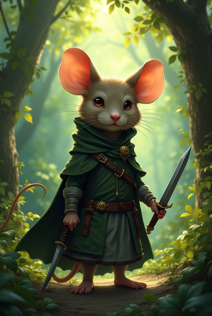illustration of a humanoid mouse, with delicate face, wearing medieval clothes, in a hoodie, carrying two daggers at his waist. In the background a forest with very green leaves. dark fantasy style.