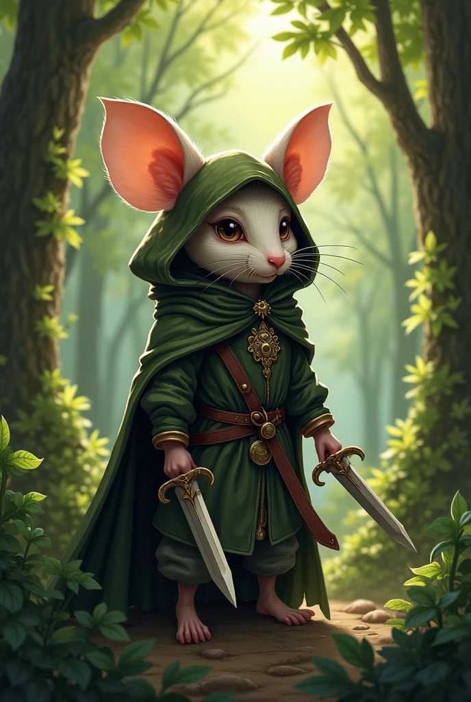 illustration of a humanoid mouse, with delicate face, wearing medieval clothes, in a hoodie, carrying two daggers at his waist. In the background a forest with very green leaves. dark fantasy style.