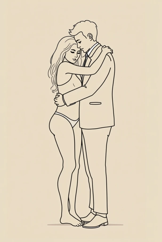 Create a simple image of a couple embracing, a fat woman in a bikini, a fit man in a business suit, with only a few continuous black lines forming the shape of the couple. The background is a soft brown-gray. The simplicity of these lines conveys tenderness and love, creating a design that is emotional yet clean and modern.