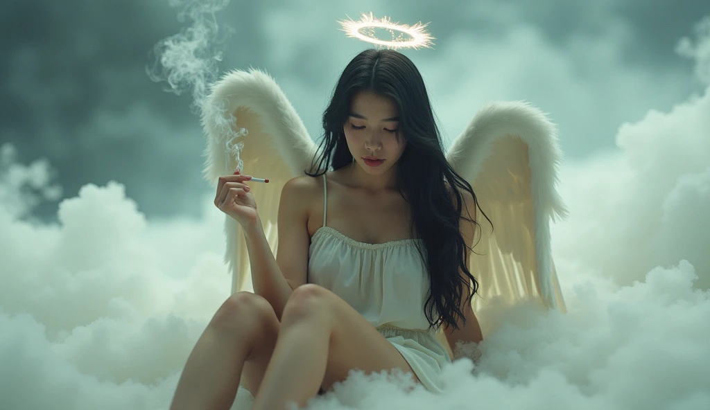 1 girl,Fujifilm、Practical、Long black hair,Large Breasts,Angel,Angel的翅膀,Halo,White tunic,Lazy,slow,Empty eyes,boring,,A sigh,Half closed eyes,Sharp eyes,open eyes,The air is heavy,sit,Right knee raised,Place your right elbow on your right knee,Holding a cigarette in right hand,Cigarette smoke exhaled from her mouth,Heaven,The floor is made of fluffy clouds,