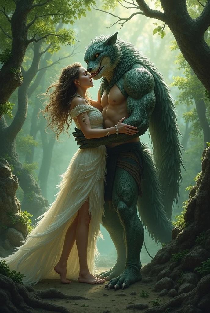 Wolf woman in simple native dress hugging strong reptilian man