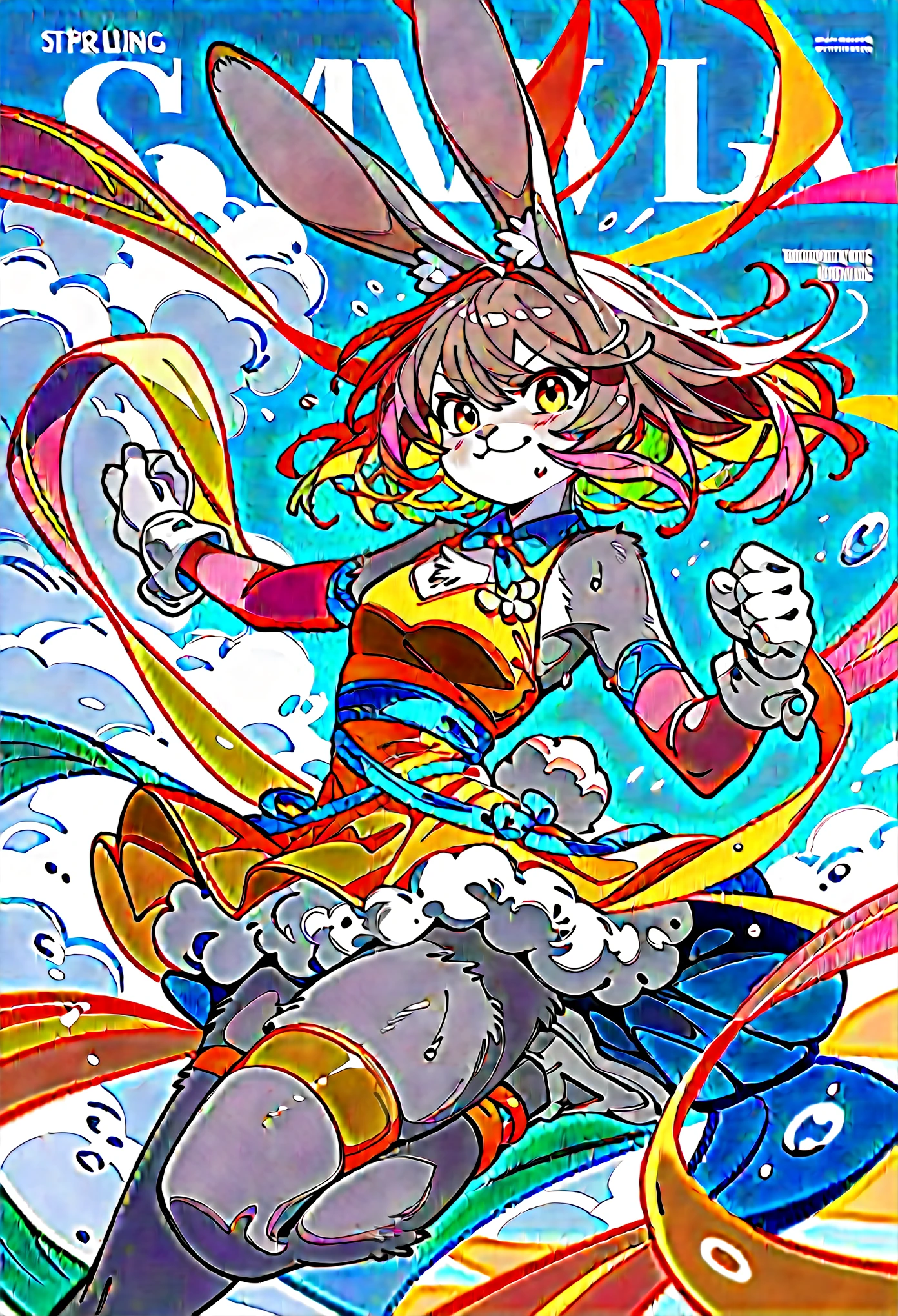 rating_safe, score_9, score_8_up, score_7_up, score_6_up, score_5_up, score_4_up, hires, source_furry,  spring outfit, colorful hair, outdoor, magazine cover, dancing, furry girl(rabbit Facial Features, rabbit Body Features)jumping, flowing colorful ribbon, Flying sweat, serious expression, joyful smile,