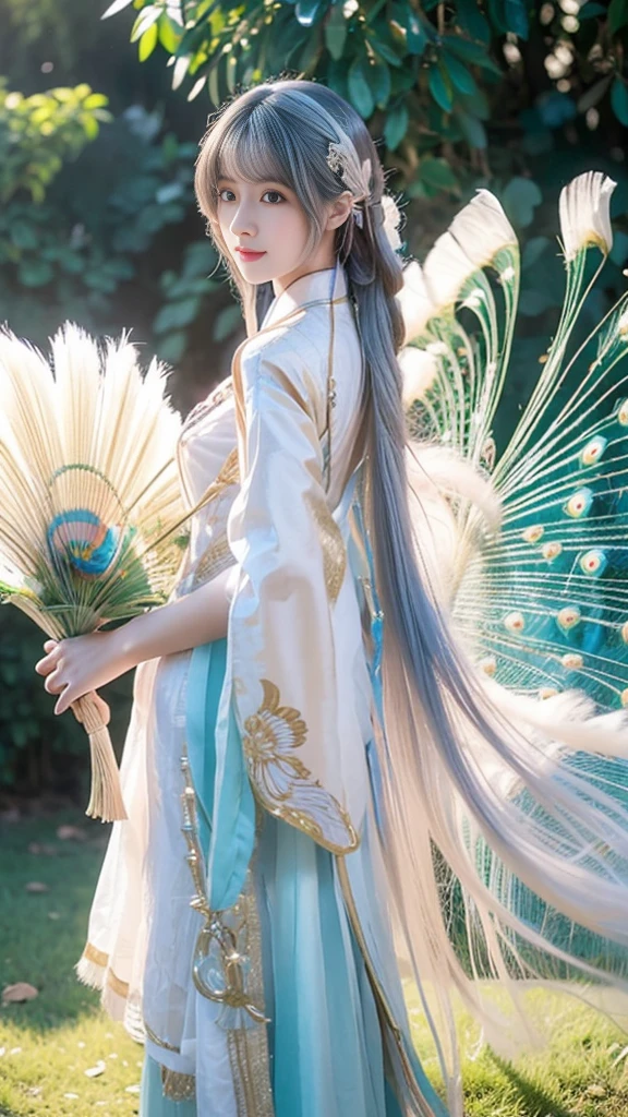 A beautiful Asian girl with smooth, rosy white skin, long colored hair, beautiful feminine outfit, behind her is a white peacock with light blue stripes and a blue and beige pattern on its