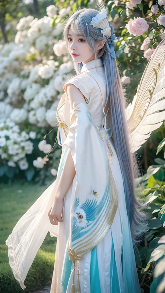 A beautiful Asian girl with smooth, rosy white skin, long colored hair, beautiful feminine outfit, behind her is a white peacock with light blue stripes and a blue and beige pattern on its