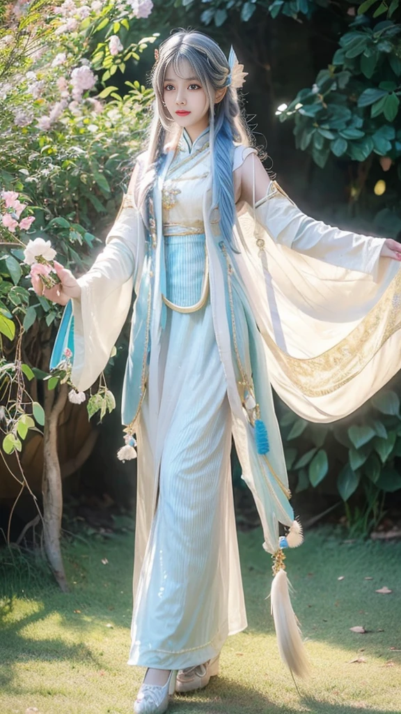 A beautiful Asian girl with smooth, rosy white skin, long colored hair, beautiful feminine outfit, behind her is a white peacock with light blue stripes and a blue and beige pattern on its